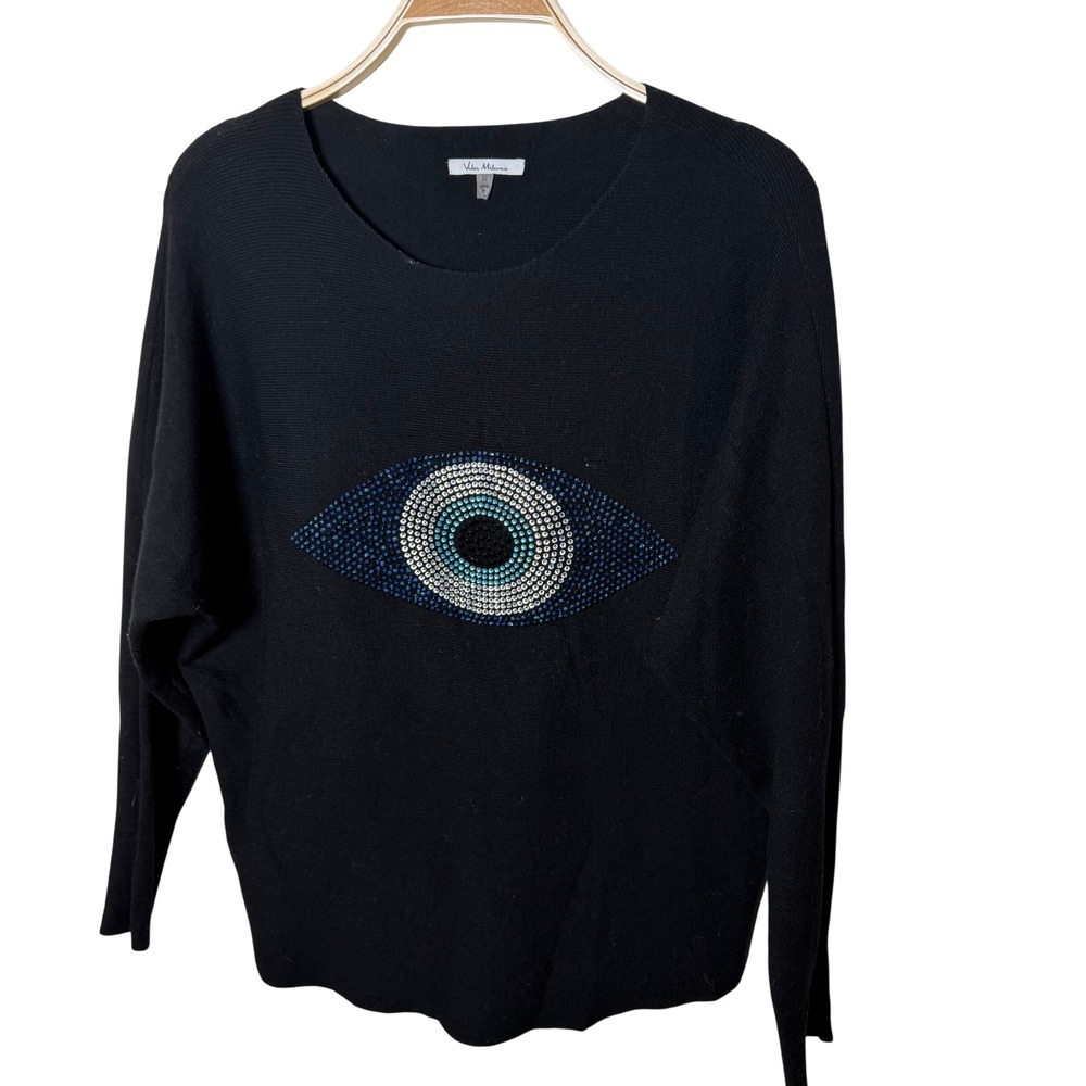 Vila Milano Black Rhinestone Evil Eye Knit Sweater Scoop Neck Dolman Size M